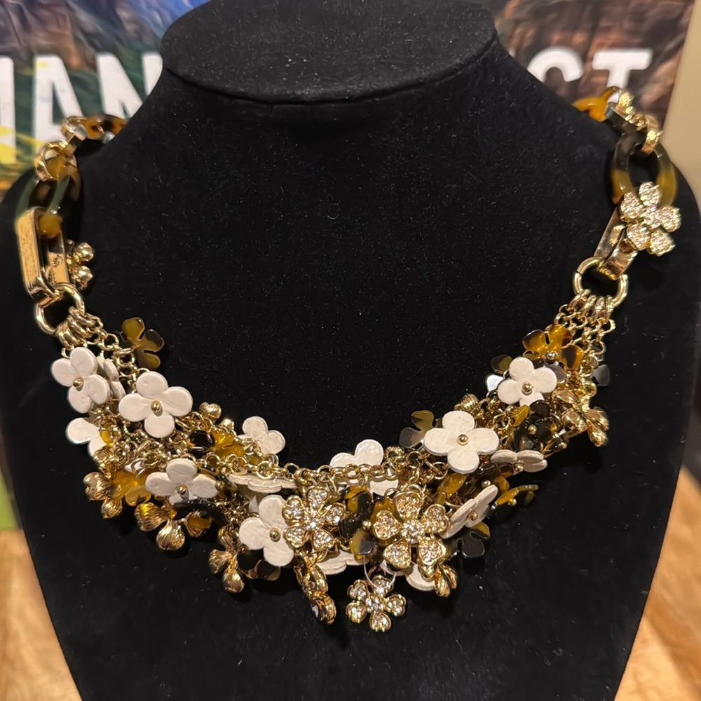 ANN TAYLOR OVAL LINK FAUX TORTOISE RHINESTONE FLOWER Statement 22" NECKLACE